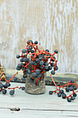 Virginia creeper berries in small stoneware vase