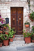 Hauseingang mit Holztür und verschiedenen Topfpflanzen (Italien)
