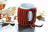 Rusty-red hand-knitted mug warmer for decorating autumnal table