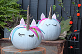 Handcrafted Halloween decorations: Unicorn pumpkins
