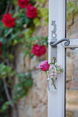 Rose and lilac in small glass bottles hung from door handle