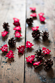 Pine cones and numbered, red felt Christmas trees
