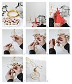 Instructions for making Easter bunnies from golden wire and wooden beads