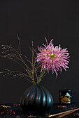 Chrysanthemum in a black vase with grasses on a dark background