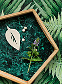 Pentagonal tray with adhesive film like green marble on paper with a fern leaf motif