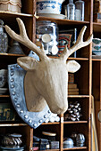 Cardboard deer head mounted on trophy plate as a Christmas decoration