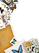 Craft materials with butterfly motifs on a white background