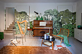 Sliding doors cleverly hidden by wallpaper with tree motif