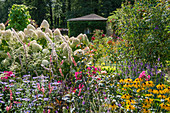 Cottage garden with black-eyed Susans and hydrangeas
