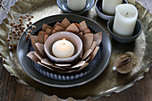 Tealight in handmade brown paper artichoke flower