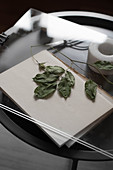 Blick durch Glasscheibe auf Beistelltisch mit Notizbuch und getrocknetem Blätterzweig