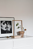 Framed portrait of woman next to potted plant on white chest of drawers
