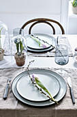 Tulips and willow catkins on plates on set table