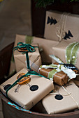 Christmas presents wrapped in brown paper
