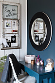 Dressing table and wall painted petrol blue