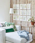 Couch below botanical illustrations on board wall