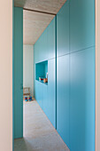 Minimalist hallway with built-in blue cupboards and wooden elements