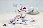 Violet biscuits on cake stand