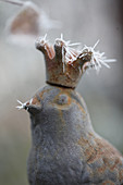 Hoarfrost on rusty metal bird ornament with crown