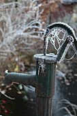 Frosty spiderweb in handle of a garden pump