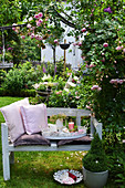 Bank mit Kissen und Tablett unter Rosenbogen im sommerlichen Garten