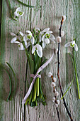 Posy of snowdrops on wooden surface