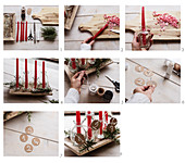 Selbstgemachter Adventskranz aus roten Kerzen in Glasflaschen