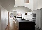 Island counter and vaulted ceiling in modern, open-plan kitchen