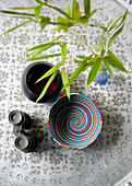 Colourful bowl, binoculars and leafy branch on table