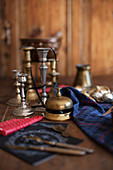 Antique brass bell and candle holders