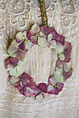 Wreath of dried and pressed hydrangea blossoms