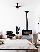 Classic chairs, cactus and fireplace in the living room