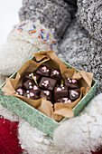 Homemade chocolate pralines in a box
