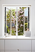 Window with garden view above the white kitchen cabinets