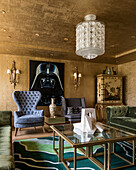 Star Wars picture in living room with gold walls and ceiling