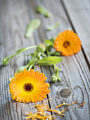 Marigolds on a wooden surface