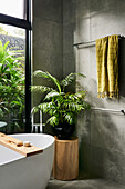 Freistehende Badewanne vor Fenster und Zimmerpflanze im Badezimmer mit Betonfliesen