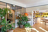 Heller Raum mit Zimmerpflanzen und Glaswand und Blick in die Küche