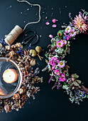 DIY wreaths made from dried flowers and fresh summer flowers