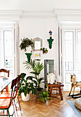 Houseplants in front of white wall between French windows