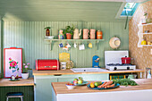 Colourful retro kitchen with mint green wall panelling and wall-mounted shelves