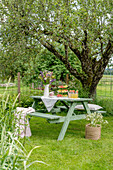 Set garden table under old apple tree in garden