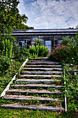 Steps leading to summerhouse in summer garden