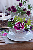 Kleines Blütengesteck aus Petunie, Hornveilchen und Frauenmantel in Kaffeetasse