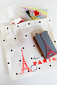 Fabric with Eiffel Tower stamp print