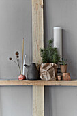 Wooden shelf with Christmas decoration