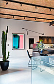 Open-plan living room with kitchen, dining table and large cactus in a pot