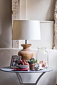 Side table with table lamp, shell decoration and succulent plant