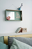 Wall decoration made of wooden tray with mirror and text