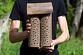 Man holding wooden bee hotel